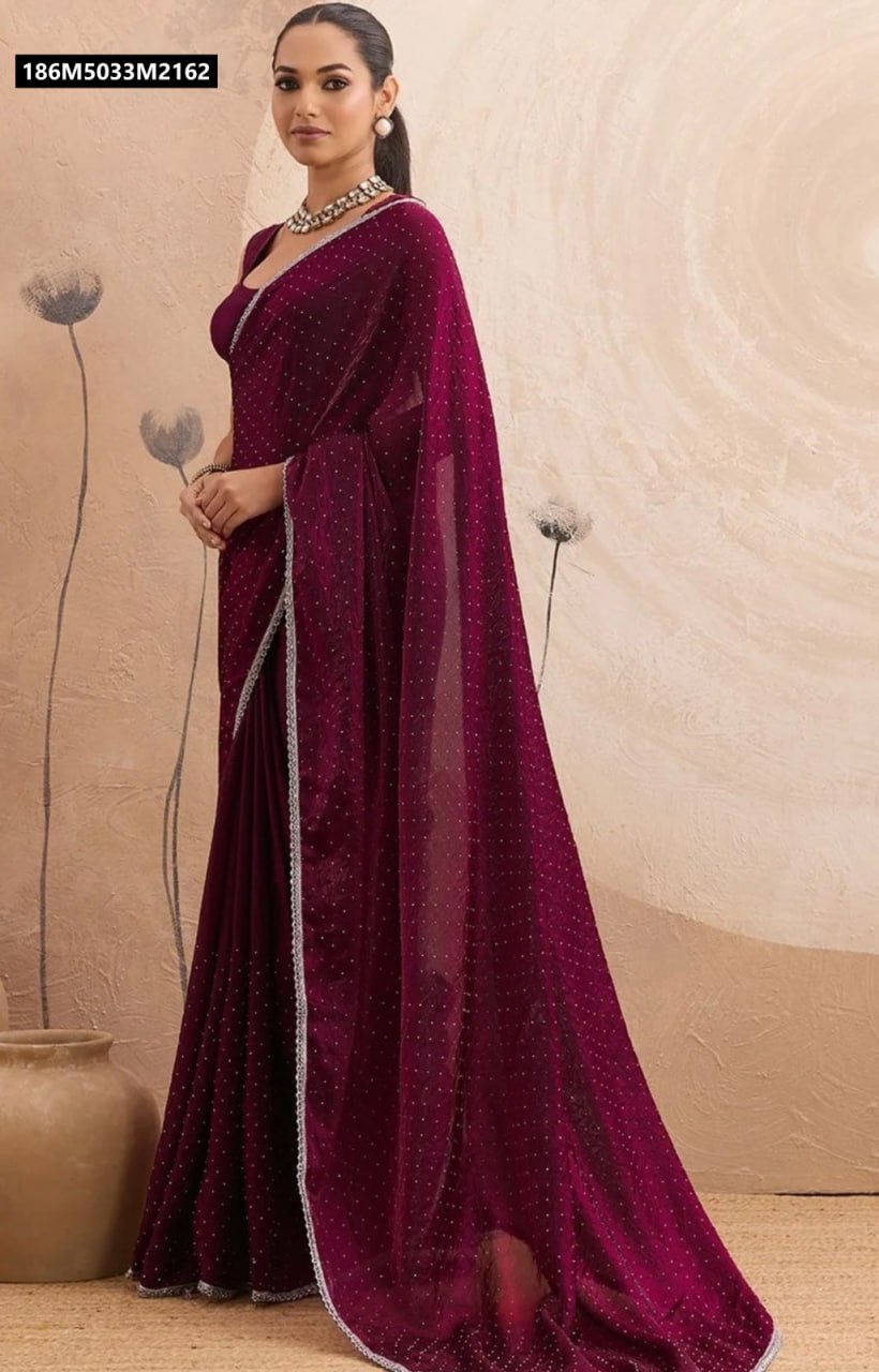 TRENDBUY model showcasing Burgundy Chiffon Saree with Super Diamond Work and lace border, front view