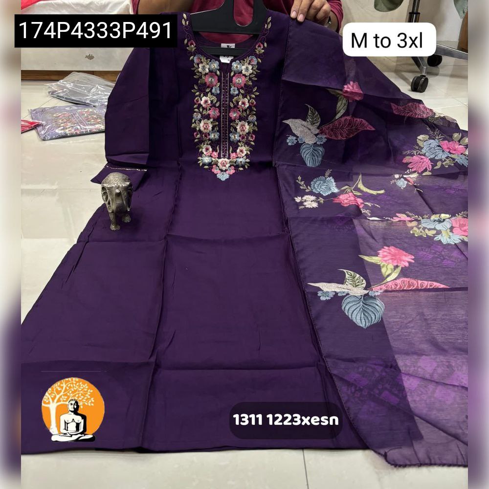 TRENDBUY Dark Purple Chanderi Maslin Kurti with vibrant floral neck embroidery, paired with a matching floral printed dupatta.
