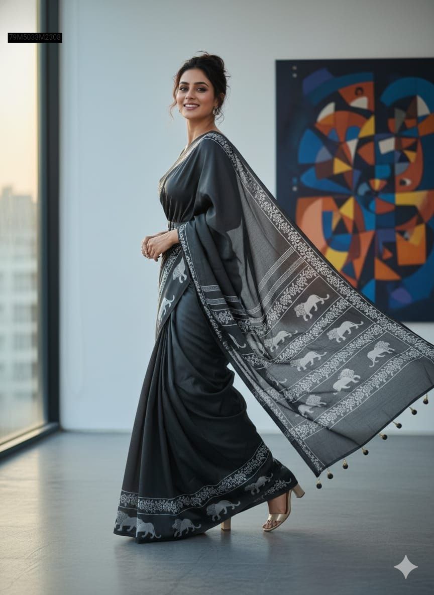 Model gracefully walking in a TRENDBUY Charcoal Grey Pure Crepe Silk Saree with white lion animal print border and tassels, against a city backdrop.