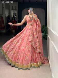 TRENDBUY Chiffon Floral & Foil Print Lehenga Choli Set with Gota Patti Lace