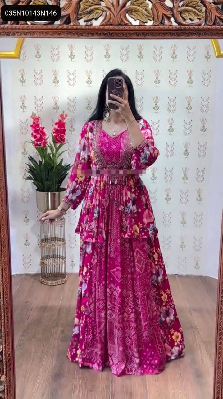 Full body view of a model in the TRENDBUY Magenta Floral Chinon Lehenga Set, showcasing the flowing lehenga and embroidered shrug in a mirror selfie.