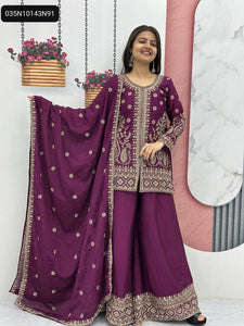 TRENDBUY Chinon Heavy Embroidered Palazzo Suit Set with Dupatta - Wine Purple & Navy Blue