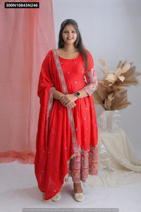TRENDBUY Cinon Silk Embroidered Gown Set with Dupatta & Pant