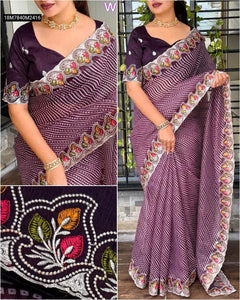TRENDBUY Cotton Satin Leheriya Bandhej Saree with Zari Border & Embroidered Blouse
