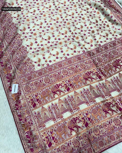 TRENDBUY Cream Banarasi Soft Silk Saree with Intricate Zari & Jacquard Weave