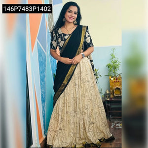 TRENDBUY Cream & Black Digital Printed Musline Silk Lehenga Choli Set