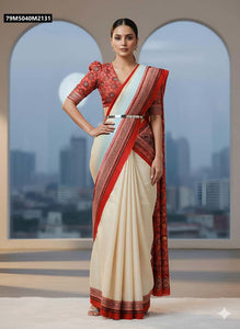 TRENDBUY Cream Georgette Saree with Red Ajrakh Print Pallu & Matched Blouse