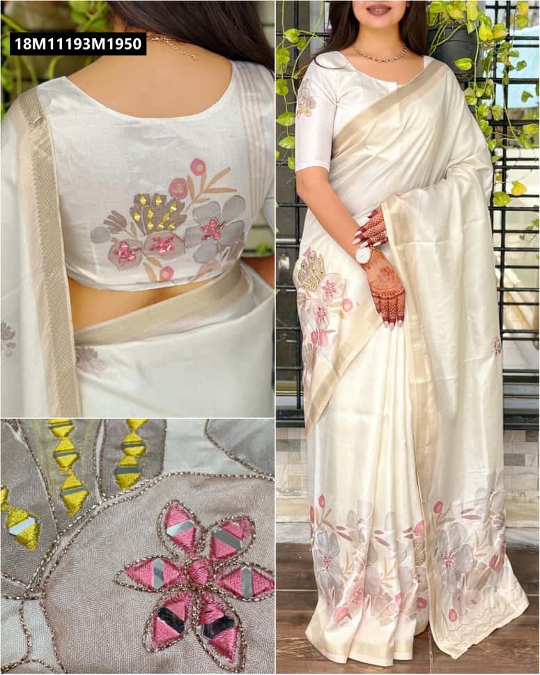 Full view of a model wearing the cream Tusser cotton saree with digital print, close-up of blouse back and mirror work detail.