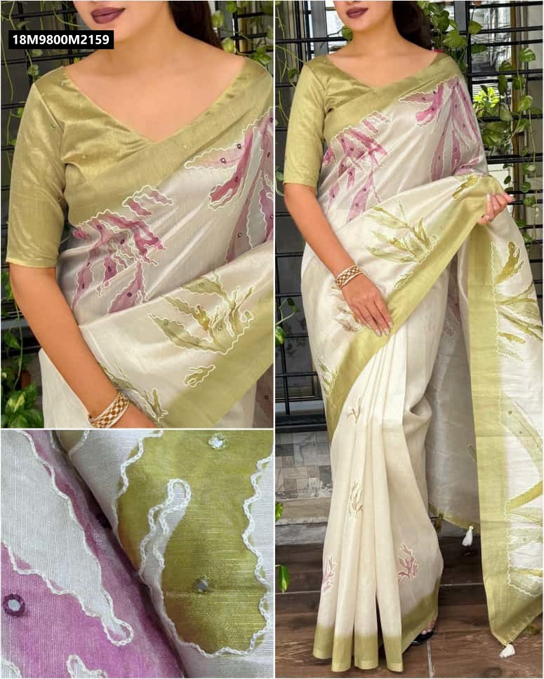 Model showcasing TRENDBUY Cream Tusser Linen Saree with a green border, vibrant digital print, hand mirror work, and a matching green blouse.