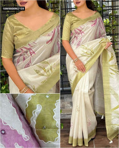 TRENDBUY Cream Tusser Linen Saree with Elegant Digital Print & Hand Mirror Work