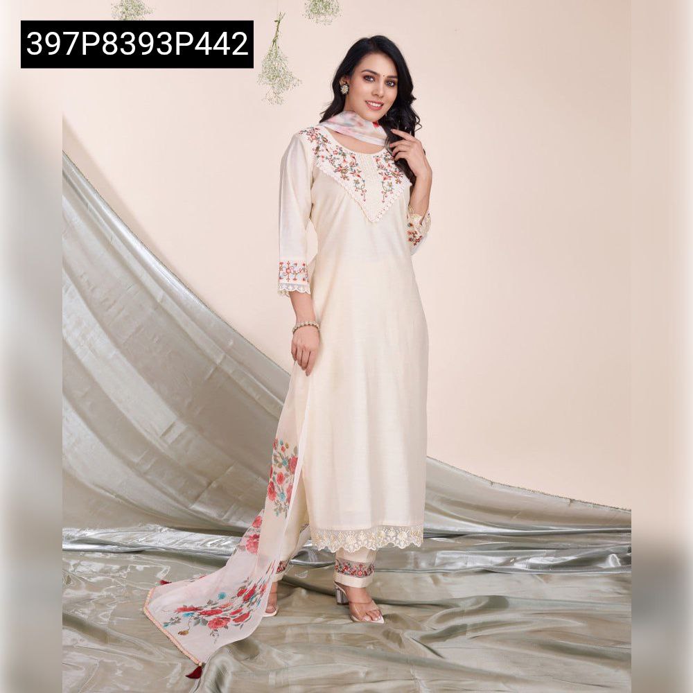 Model showcasing TRENDBUY cream viscose silk kurta set with floral embroidery and organza dupatta, front view.