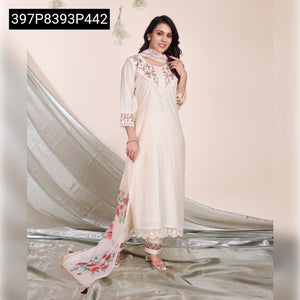 TRENDBUY Cream Viscose Silk Embroidered Kurta Set with Dupatta