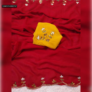 Premium Crimson Red Blooming Georgette Wedding Saree with Handcrafted Scallop Border & Contrast Mustard Blouse