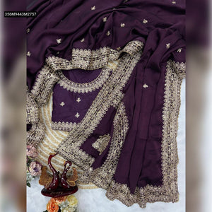 TRENDBUY Deep Plum Rangoli Silk Saree with Sequin Dori Embroidery & Unstitched Blouse