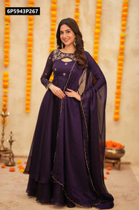 TRENDBUY Deep Purple Embroidered Georgette Anarkali Gown with Dupatta
