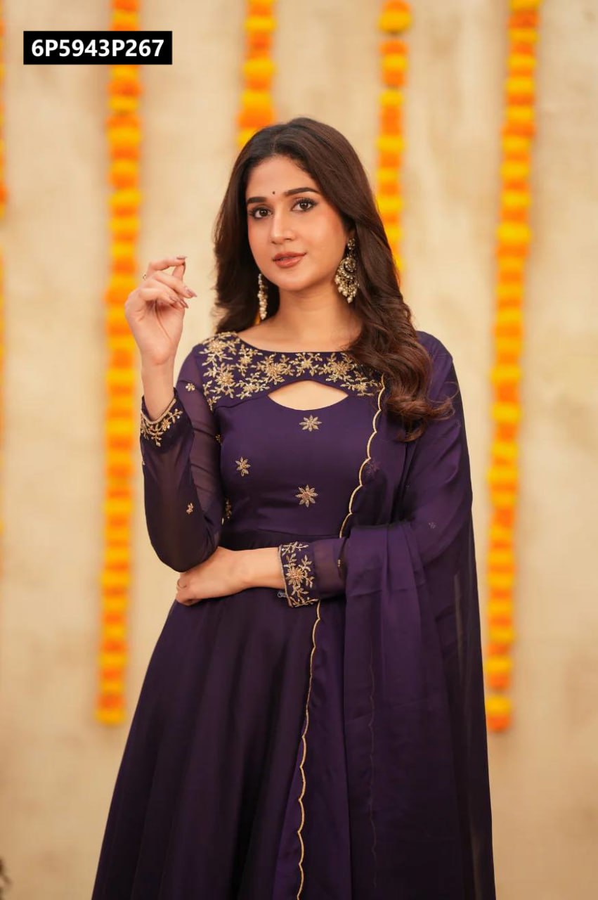 strapless open back dress TRENDBUY Purple Embroidered Georgette Anarkali Gown – TREND BUY