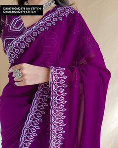 TRENDBUY Deep Purple Georgette Saree with Lucknowi Embroidery & Stitched Blouse