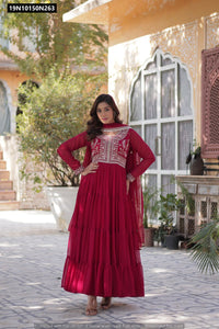 TRENDBUY Deep Red Tiered Georgette Gown with Pearl Embroidered Dupatta
