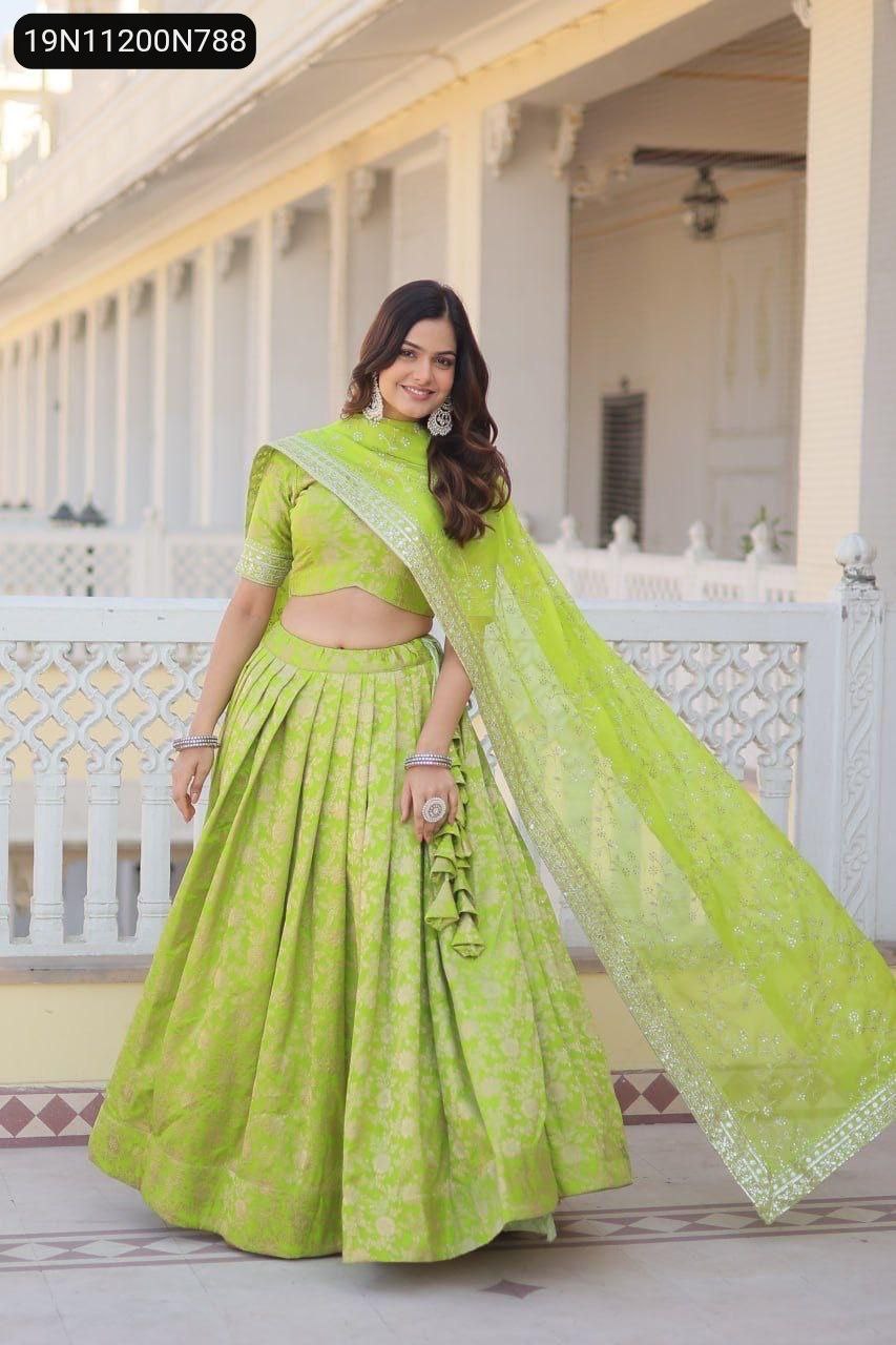 TRENDBUY Green Viscose Jacquard Lehenga Choli with Sequins, Model Posing Front