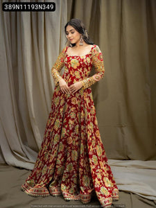 TRENDBUY Designer Embroidered Floral Chinon Silk Gown with Dupatta