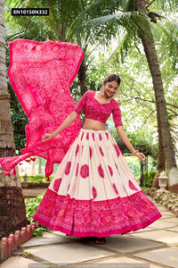 TRENDBUY Designer Fuchsia White Bandhej Tasar Silk Lehenga Choli Set