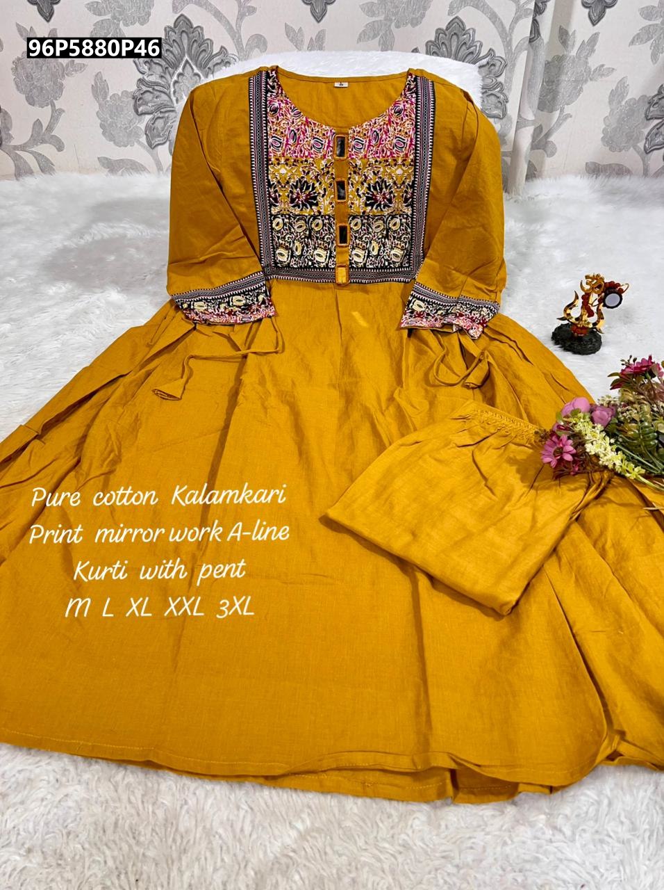 TRENDBUY Yellow Cotton Full Flair Kurti Pent Set with Mirror Work Yoke and Kalamkari Print