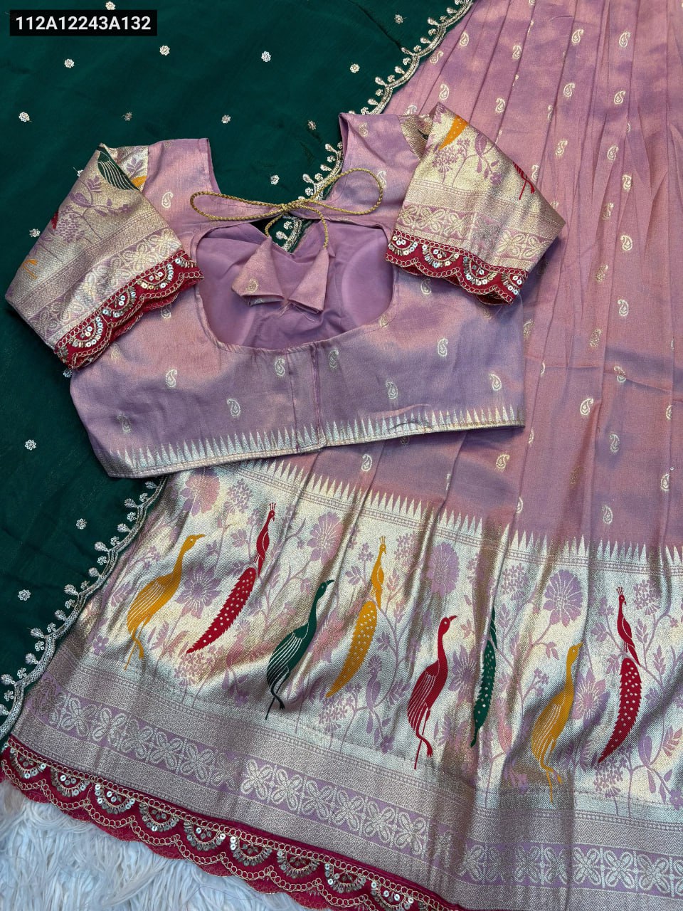 TRENDBUY Pink Tissue Silk Lehenga Set with Emerald Green Dupatta, featuring designer peacock and jacquard buttis.