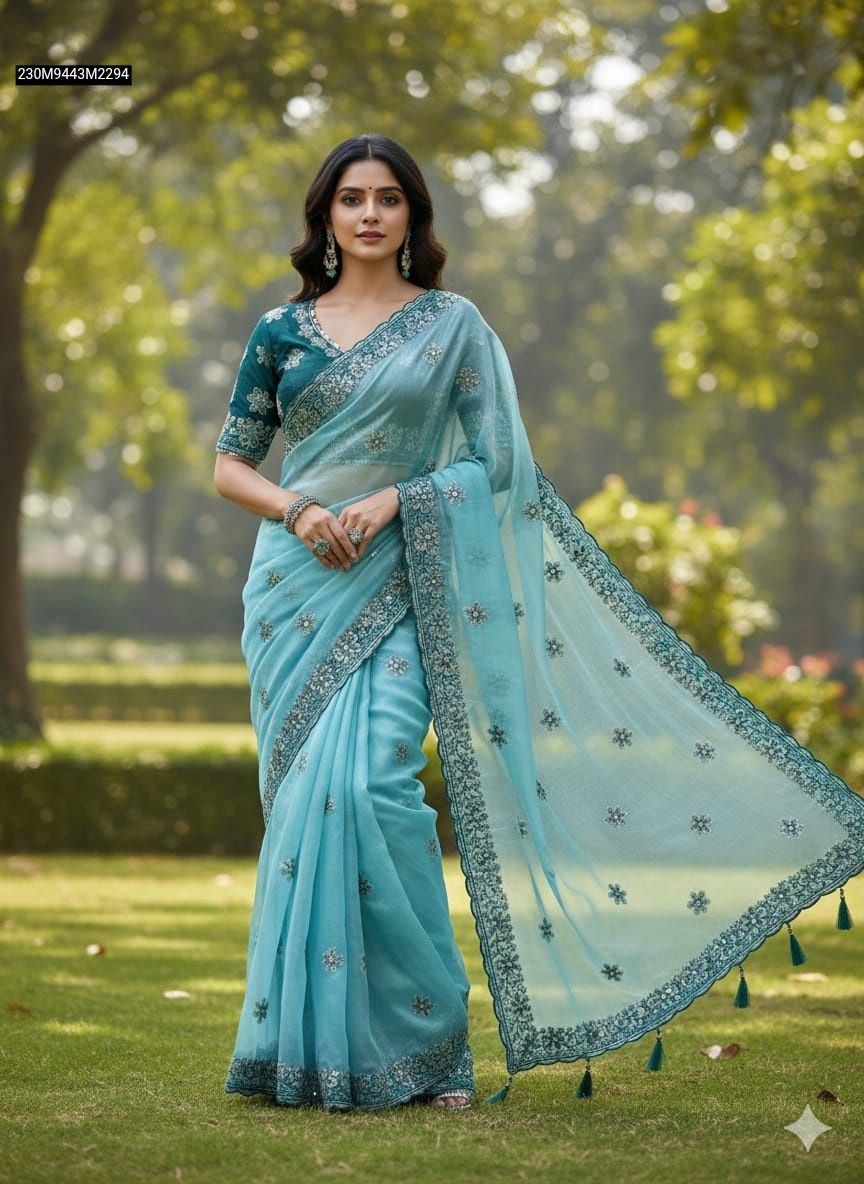 TRENDBUY Aqua Blue soft silk saree modeled by a woman in a garden, showcasing full embroidery and border work.