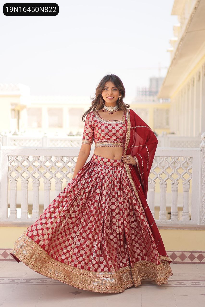 TRENDBUY Designer Red Lehenga Choli & Dupatta Set, full model shot smiling, showcasing jacquard pattern and sequins work