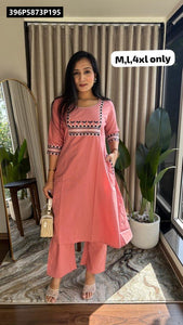 TRENDBUY Dhabu Cotton A-Line Kurti & Palazzo Set with Embroidered Neck & Pockets