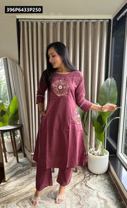TRENDBUY Dhabu Cotton Embroidered A-Line Kurti with Palazzo Set