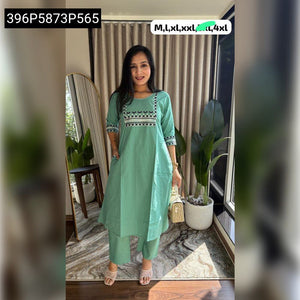 TRENDBUY Dhabu Cotton Embroidered Kurti & Plazo Set with Pockets