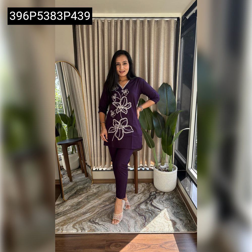 TRENDBUY Women's Purple Dhabu Cotton V-Neck Embroidered Tunic and Matching Pants Set, full body view
