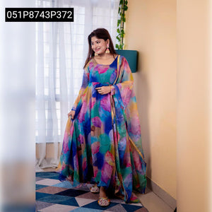 TRENDBUY Digital Print Organza Flared Gown Set with Dupatta & Pant