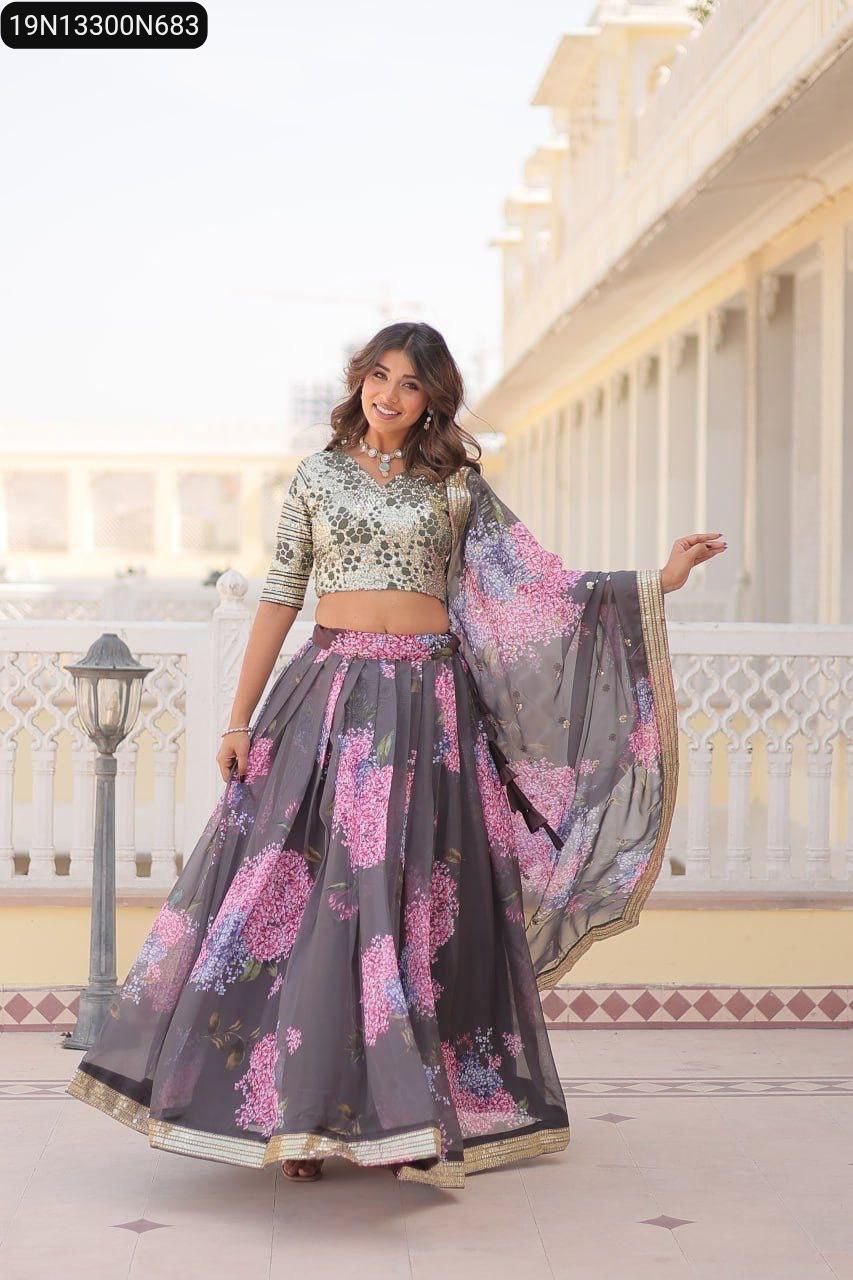 TRENDBUY Grey Digital Printed Russian Silk Lehenga Choli with Sequins Blouse, model in dynamic pose on balcony.