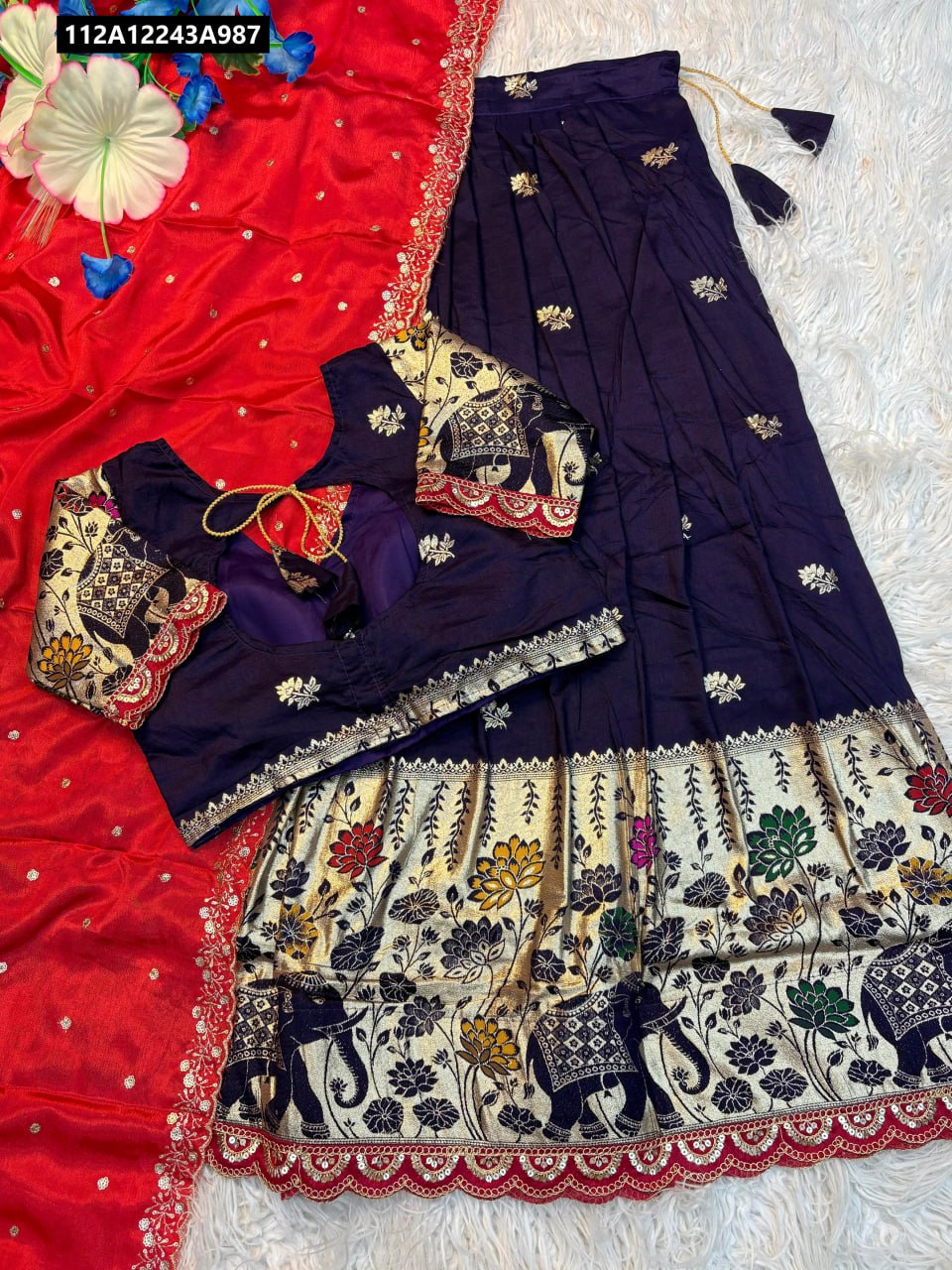 TRENDBUY Dola Silk Lehenga Choli with vibrant Red Dupatta and intricate elephant and flower jacquard design