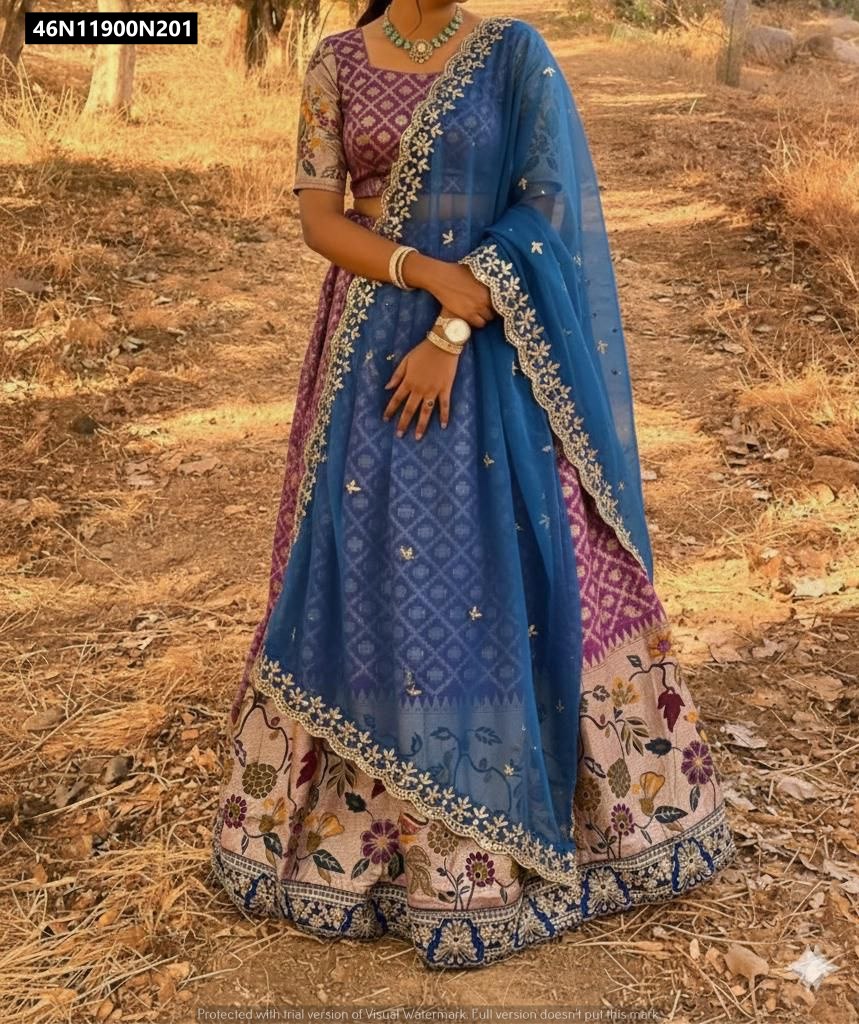 TRENDBUY woman modeling purple dola silk embroidered lehenga choli with blue chinnon dupatta, full body outdoor shot showcasing the full outfit.