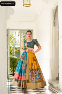 TRENDBUY Dola Silk Kalamkari Print Lehenga Choli Set with Weaving Border Dupatta