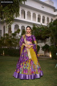 TRENDBUY Dola Silk Kalamkari Printed Lehenga Choli with Zari Border & Dupatta