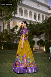 Premium Kalamkari Printed Dola Silk Lehenga Choli with Elegant Zari Border for Festive Weddings