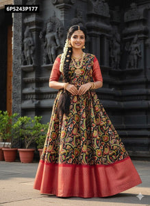 TRENDBUY Dola Silk Traditional Print Anarkali Gown & Matching Scrunchie