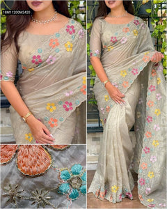 TRENDBUY Dusty Beige Sufi Silk Saree with Multicolor Floral Bead & Thread Embroidery