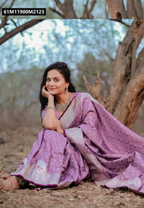TRENDBUY Dusty Pastel Banarasi Antique Silk Saree with Silver Zari Weaves & Peacock Pallu for Festive Occasions