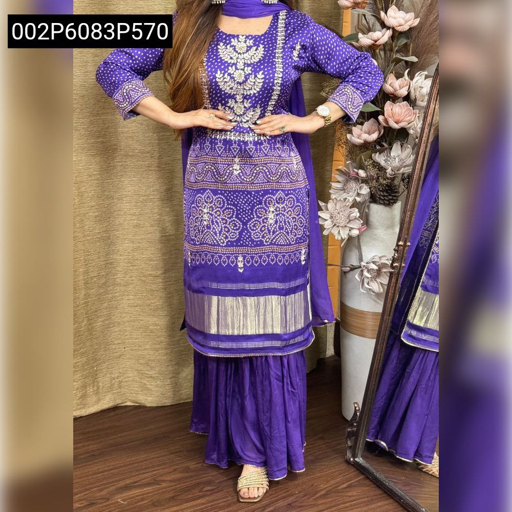Model with hands on hips, showcasing the TRENDBUY elegant purple Chinon Bandhani kurta set, perfect for celebrations and special events.