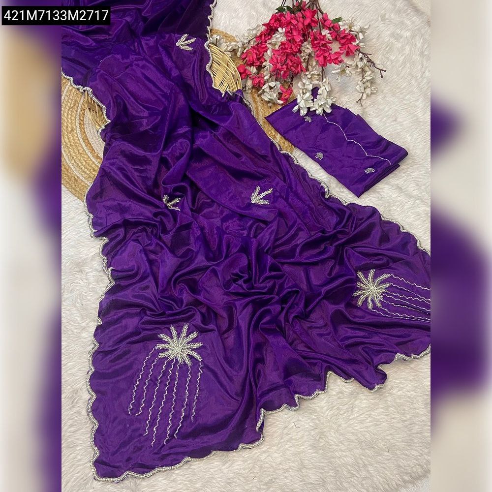 TRENDBUY Purple Chinon Silk Saree with detailed cut dana and pearl scalloped border and floral buttis, displayed flat lay.