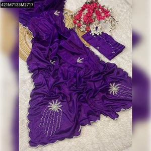 TRENDBUY Elegant Chinon Silk Saree with Cut Dana & Pearl Handwork & Scalloped Border
