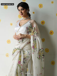 TRENDBUY Elegant Cream & White Organza Silk Saree with Floral Handwork Blouse