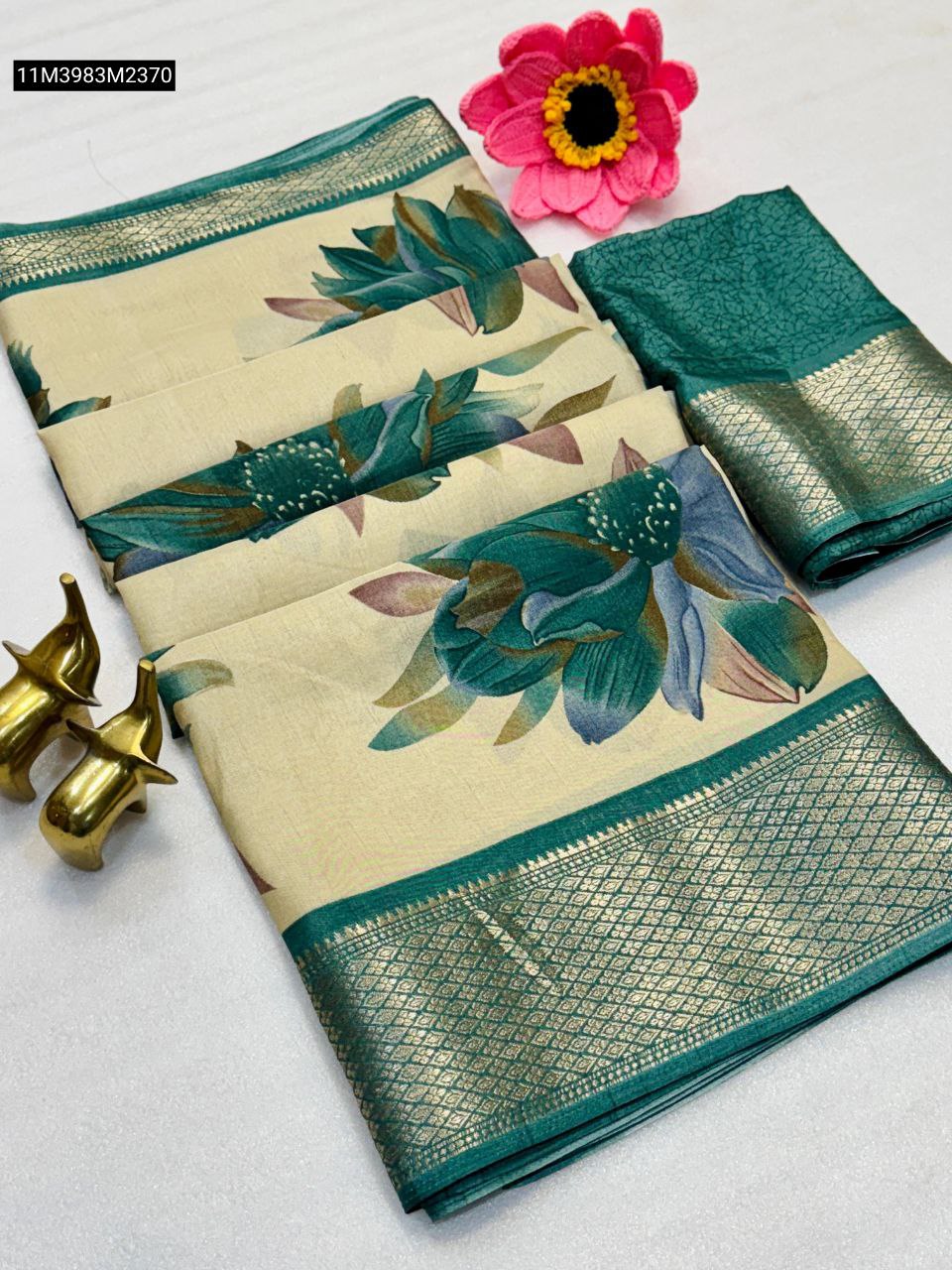 TRENDBUY Dola Silk Saree with Teal Floral Print, Zari Border, and Matching Blouse Piece