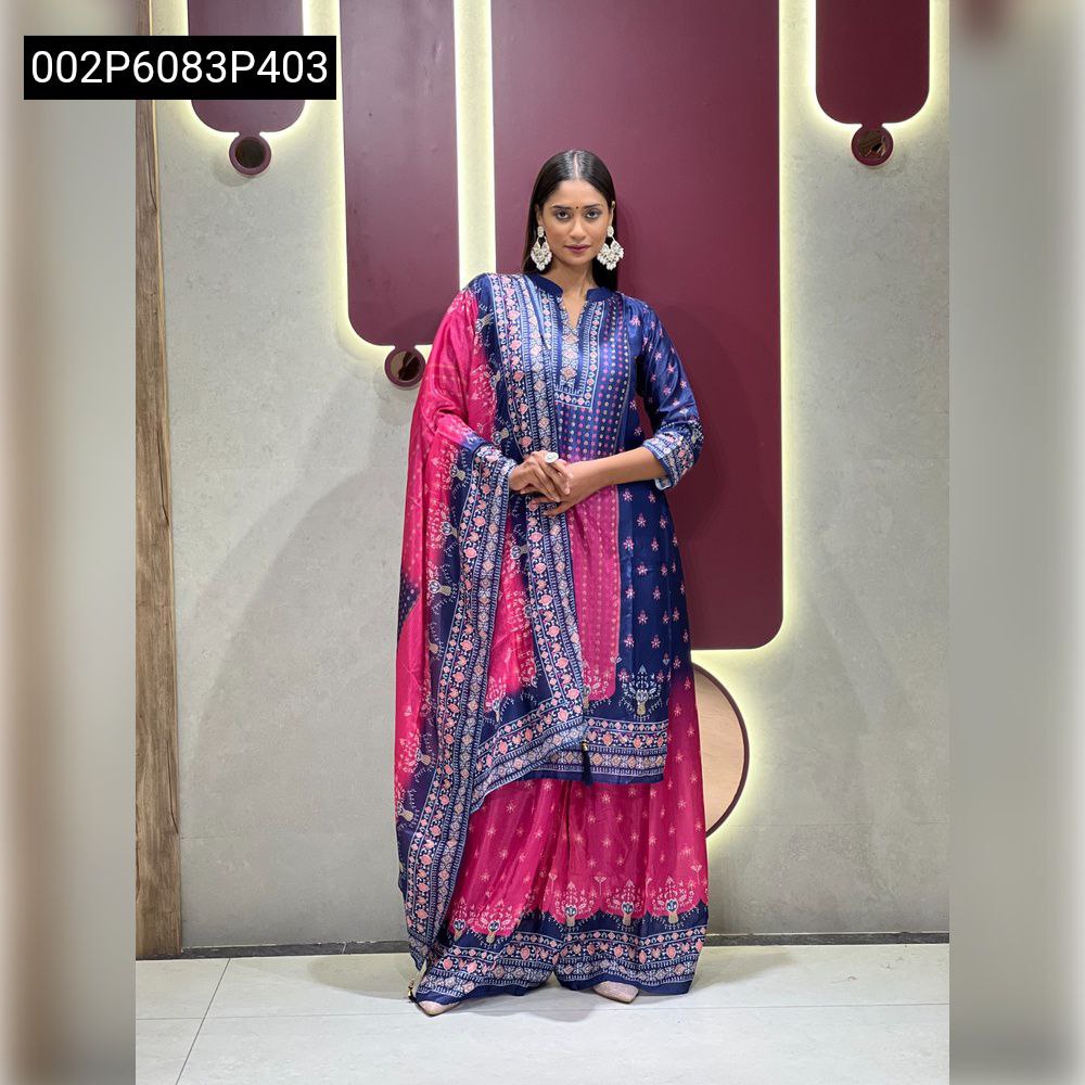 Full front view of model wearing the TRENDBUY dual-tone navy blue and fuchsia pink Chinon kurta set, hands clasped, showing the complete ensemble.