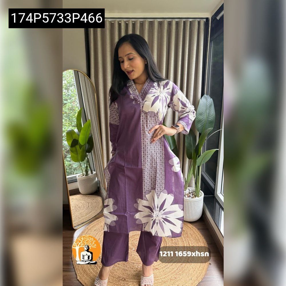 TRENDBUY Lavender Split Floral Kurta Pant Set with white floral pattern on half, model standing smiling
